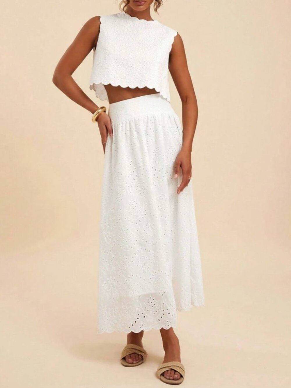 White Eyelet Crop Top & Maxi Skirt Two-Piece Set - Picture 5 of 7